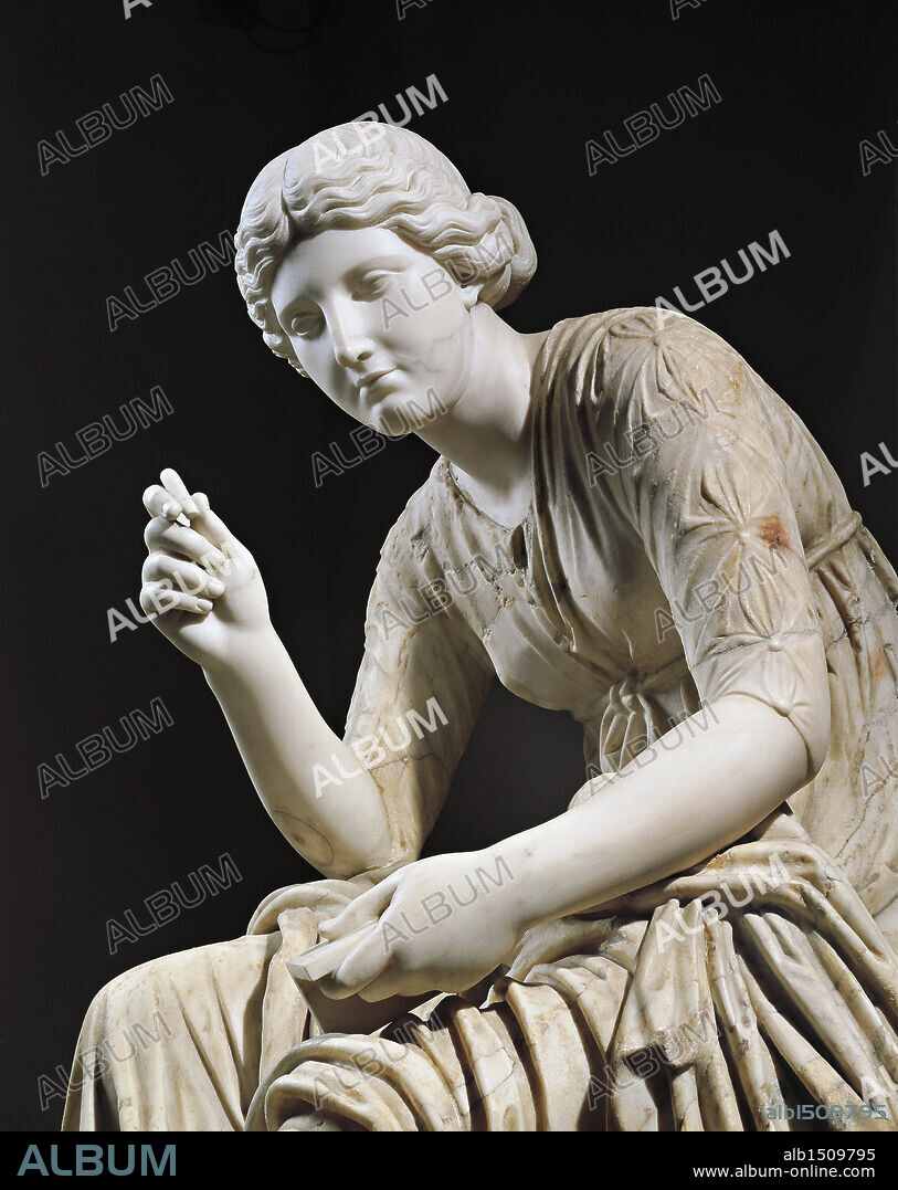 Roman civilization, 2nd century A.D. Marble statue of the Muse Calliope. Detail.