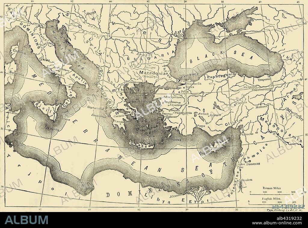'Map of the Byzantine Empire in the Ninth Century', 1890. The Byzantine Empire underwent a revival under Macedonian emperors from  Basil I (867-886) in late 9th, 10th, and early 11th centuries. From "Cassell's Illustrated Universal History, Vol. III - The Middle Ages", by Edmund Ollier. [Cassell and Company, Limited, London, Paris and Melbourne, 1890. ].
