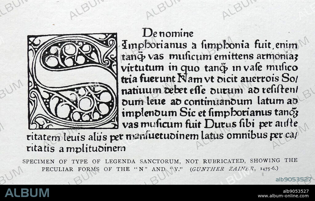 Beginning of Prologue of Legenda Sanctorum. Woodcut by Gunther Zainer, 1475-76. Legenda aurea sanctorum, sive Lombardica historia (The Golden Legend or Lives of the Saints) by Jacobus de Voragine.