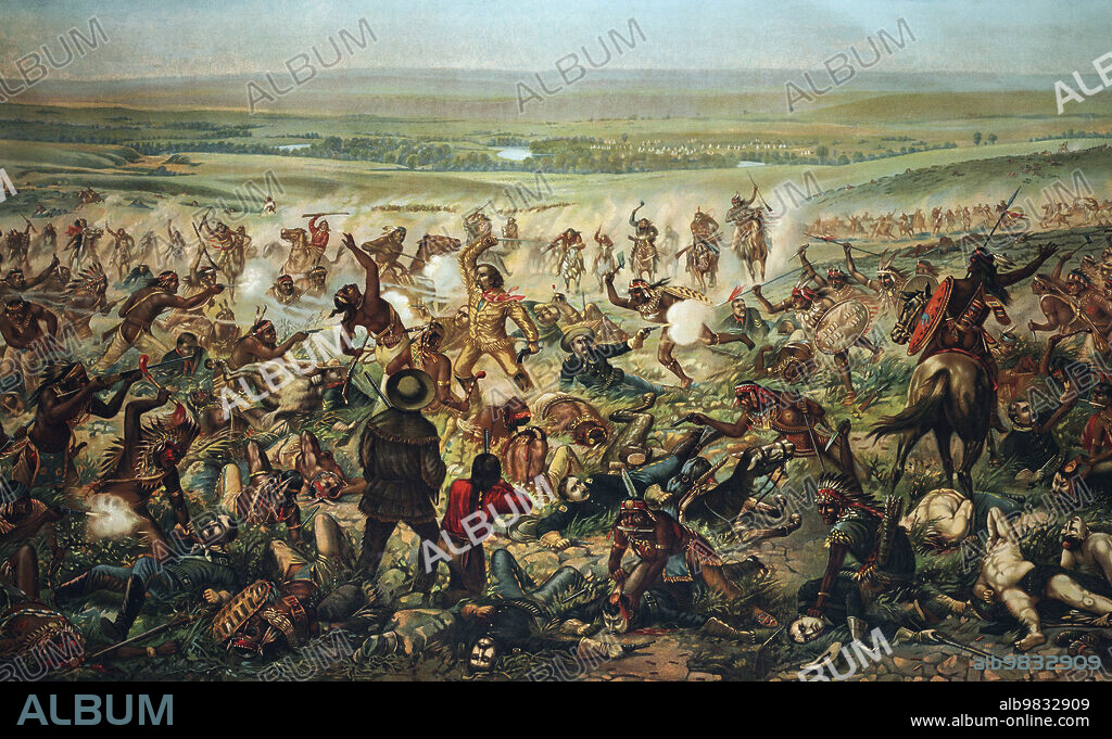 Custer's Last Stand at the Battle of the Little Bighorn, June 25, 1876. General George Armstrong Custer, 1839 - 1876. The battle was the most important in the Great Sioux War of 1876. After a work by an unidentified artist published in 1889 by Kurtz and Allison.