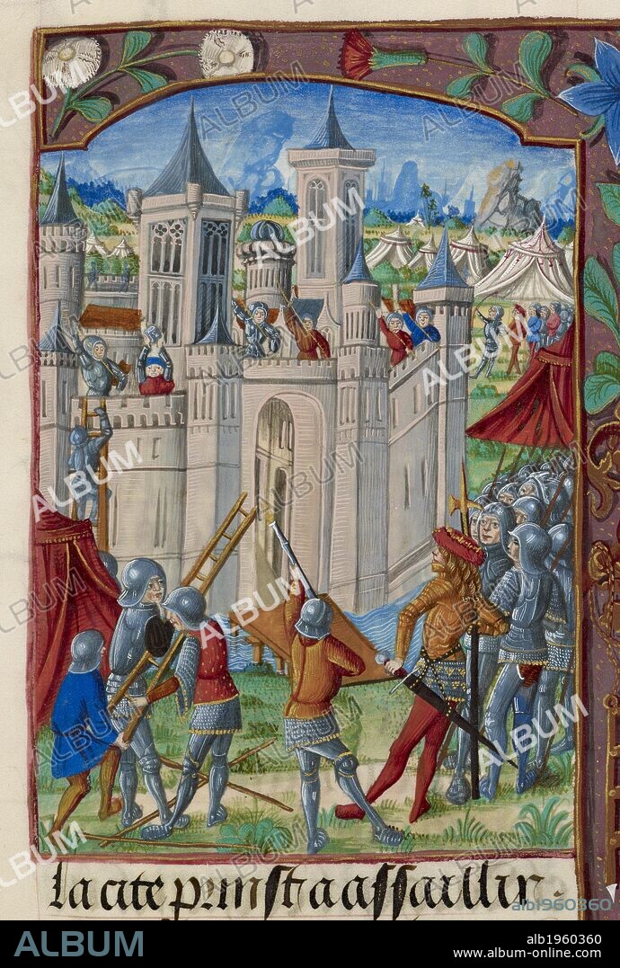 The Siege of Acre. Chroniques de France ou de Saint Denis. France (Paris?); 1487. (Miniature only) The Siege of Acre, 1189-1191. Part of the Third Crusade. Soldiers in armour surround a walled town with one climbing up the walls on a ladder, and defending soldiers on the battlements. Military encampment in the background.  Image taken from the Chroniques de France ou de Saint Denis.  Originally produced in France (Paris?); 1487. . Source: Royal 20 E. III, f.146. Language: French.