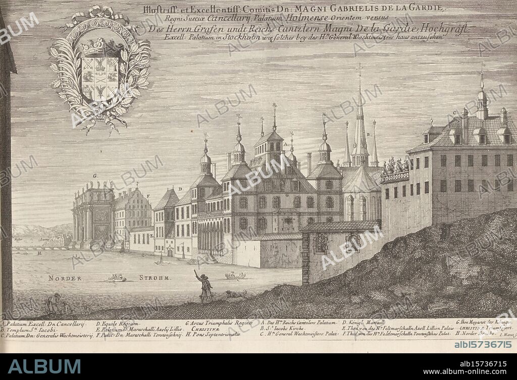 Palace of Magnus Gabriel de la Gardie from the east, Illustriss: et Excellentiss: Comitis Dn: Magni Gabrielis De la Gardie, Regni Sueciae Cancellarij, Palatium Holmense Orientem versus / Des Herrn Grafen undt Reichs Cantzlern Magni De la Gardie Hochgräfl: Excell: Palatium in Stockholm, wie solches bey des H:n General Wachtmeisters haus antzusehen (title on object), Suecia Antiqua et Hodierna (series title), The print is part of an album., print, print maker: Jean Marot (I), (mentioned on object), Erik Jönssen Dahlberg, 1667, paper, etching, height, 250 mm × width, 373 mm.