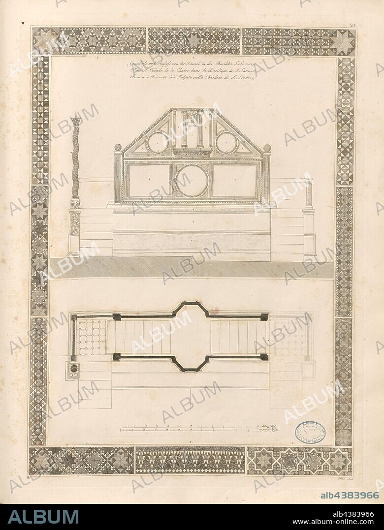 Floor plan and elevation of the pulpit in the Basilica SAN. Lorenzo, Pulpit of the Basilica of Saint Lawrence in front of the walls in Rome, Signed: MK, Taf. XIV, to p. 6, Knapp, I. M. (dis.), Christian Karl Josias von Bunsen: Die Basiliken des christlichen Roms: nach ihrem Zusammenhange mit Idee und Geschichte der Kirchenbaukunst. Bd. 2. München: Literarisch-artistische Anstalt der J. G. Cotta'schen Buchhandlung, [1824].
