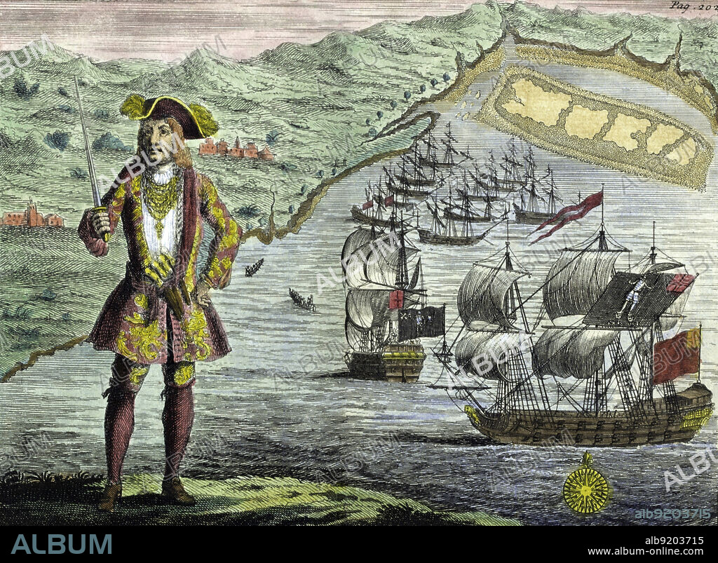 "Captain Bartho. Roberts with two ships, Viz. the Royal Fortune and Ranger, takes in sail in Whydah Road on the coast of Guiney." Engraving by Benjamin Cole, circa 1724. Bartholomew Roberts (1682-1722), born John Roberts, was a Welsh pirate and the most successful pirate of the Golden Age of Piracy, measured by vessels captured. He is shown here with his own ship and some captured merchant ships in the background.