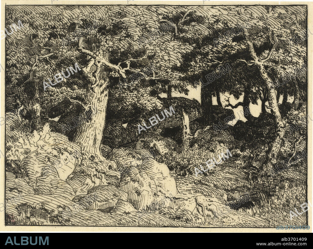 THEODORE ROUSSEAU. Chenes de Roche (Rock Oaks). Dated: 1861. Dimensions: image: 12.3 x 17 cm (4 13/16 x 6 11/16 in.)  sheet: 16.5 x 24.3 cm (6 1/2 x 9 9/16 in.). Medium: etching on Japan pelure.