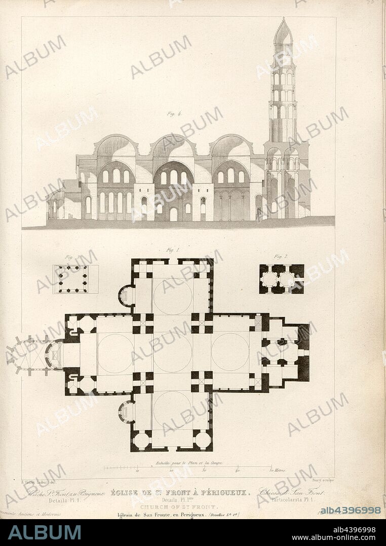 Church of St. Front in Périgueux. Details. Pl. 1, Floor plan and longitudinal section of the Saint-Front Cathedral in Périgueux, signed: E. Violliet Leduc del, Bury sculp, Fig. 56, p. 193, Viollet-le-Duc, Eugène-Emmanuel (del.); Bury, Jean Baptiste Marie (sc.), 1853, Jules Gailhabaud: Monuments anciens et modernes: collection formant une histoire de l'architecture des différents peuples à toutes les époques. Paris: Librairie de Firmin Didot frères, 1853.