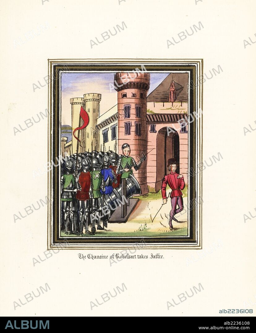 Thierry de Robersart, Canon of Robessart (1340-1387), takes the castle and minster of Jaffre, 10 miles from Seville. Handcoloured lithograph after an illuminated manuscript from Sir John Froissart's "Chronicles of England, France, Spain and the Adjoining Countries, from the Latter Part of the Reign of Edward II to the Coronation of Henry IV," George Routledge, London, 1868.