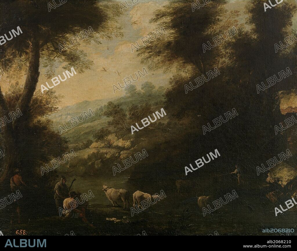 Andrea Torresani / 'Paisaje con rebaño de vacas', Siglo XVIII, Escuela Italiana, Óleo sobre Lienzo, 60 cm x 76 cm, P00457.