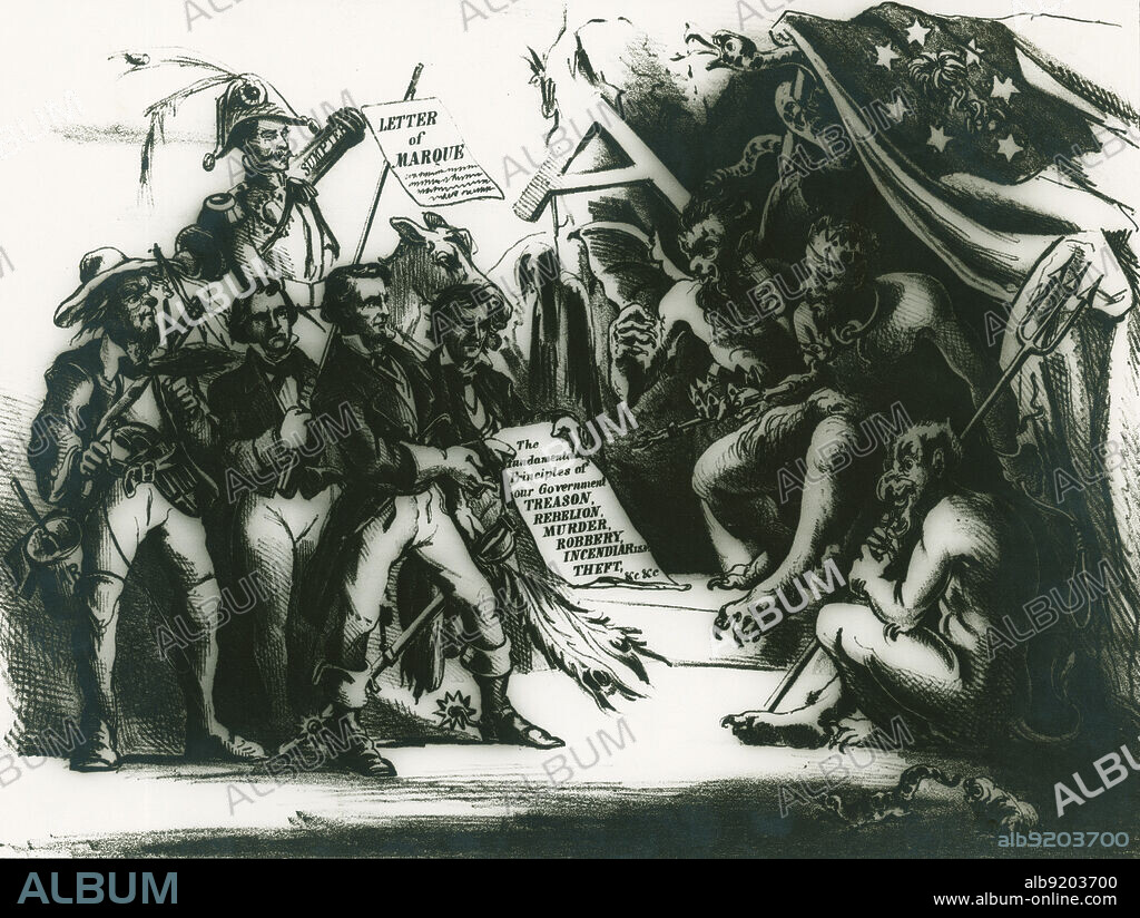"The Southern Confederacy A Fact!!!", a political cartoon of the Confederacy, representing it as a government in league with Satan. From left to right are: "Mr. Mob Law Chief Justice," a thug carrying a pot of tar; Secretary of State Robert Toombs raising a staff with a "Letter of Marque" (a governmental authorization to seize subjects or property of foreign state) Confederate President Jefferson Davis, wearing saber and spurs. Vice President Alexander Stephens holds forward a list of "The Fundamental Principles of our Government," including treason, rebellion, murder, robbery, incendiarism, and theft. Behind the group, on horseback, is Confederate General Pierre Gustave Toutant Beauregard, commander of forces at the bombardment of Fort Sumter. The delegation is received by Satan and two demonic attendants, who sit in a large cave at right. One attendant has over his shoulder a gallows from which hangs a corpse; the other holds a pitchfork. Satan holds a crown and scepter for Davis in his right hand, while in his left hand he hides a noose behind his back. He greets the Confederates, "Truly! Fit representatives of our Realm." Over his head flies a banner with the palmetto of South Carolina and six stars. A large snake curls round its staff.