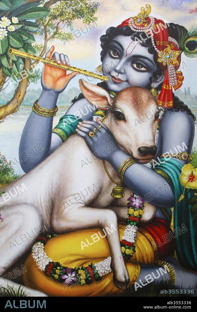 Painting depicting Hindu god Krishna playing a flute and fondling a calf. India.