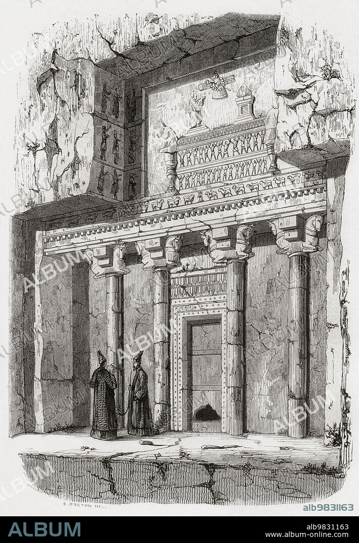 A tomb near Persepolis, the ceremonial capital of the Achaemenid Empire, seen here in the 19th century. From Monuments de Tous les Peuples, published 1843.