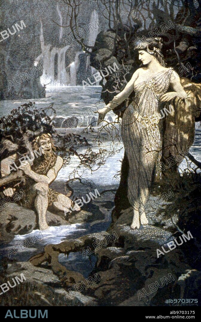 BABYLONIAN MYTHOLOGY. The Temptation of Ea-Bani, after the painting by E Wallcousins. From the 1920 edition of Mackenzie's 'Myths of Babylonia and Assyria'.