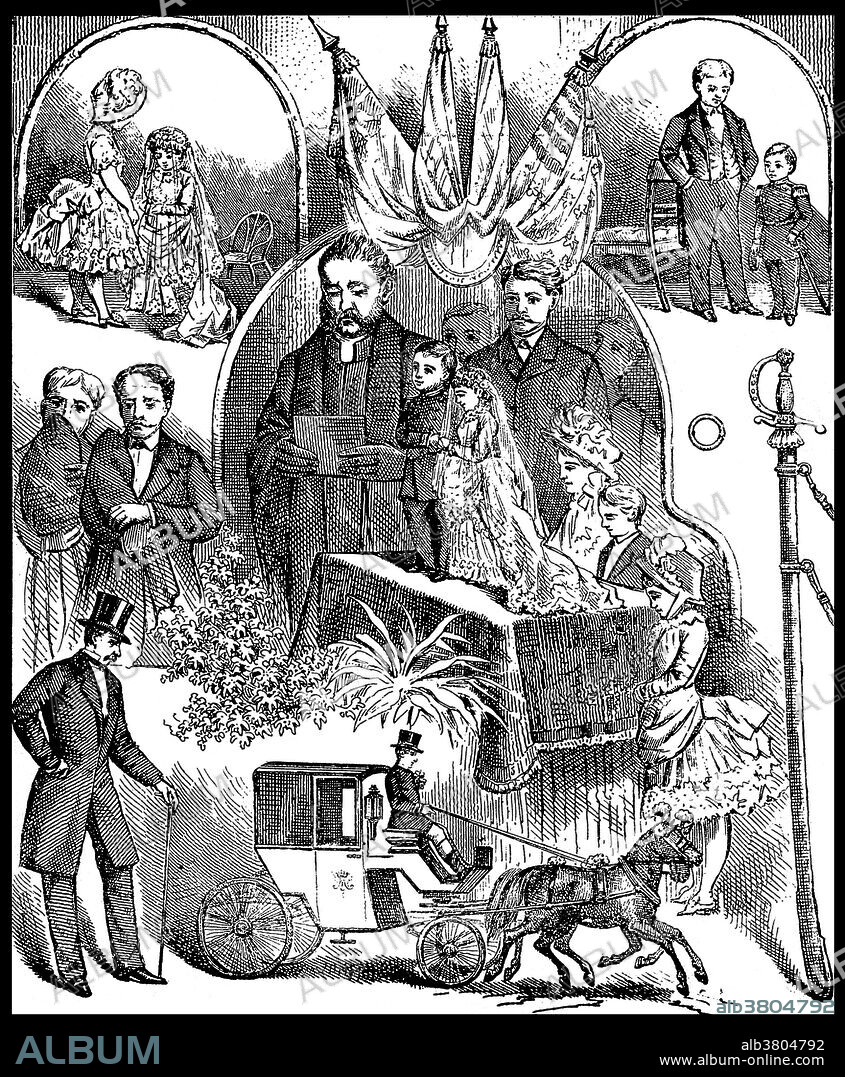 Four vignettes of the marriage of General Tom Thumb to Miss Warren. Charles Sherwood Stratton (January 4, 1838 - July 15, 1883), "General Tom Thumb", was an American dwarf performer. P.T. Barnum, a distant relative (half fifth cousin, twice removed), heard about Stratton and after contacting his parents, taught the boy how to sing, dance, mime, and impersonate famous people. Barnum took young Stratton on a tour of Europe, making him an international celebrity. His marriage with a little person, Lavinia Warren (October 31, 1842 - November 25, 1919), became front-page news. The wedding took place at Grace Episcopal Church and the wedding reception was held at the Metropolitan Hotel. The best man at the wedding was Commodore Nutt, another dwarf performer in Barnum's employ. Following the wedding, the couple was received by President Lincoln at the White House. Under Barnum's management, Stratton became a wealthy man. He owned houses, a steam yacht, and he had a wardrobe of fine clothes. When Barnum got into financial difficulty, Stratton bailed him out. Later, they became business partners. Stratton died unexpectedly of a stroke in 1883, at the age of 45. Over 20,000 people attended the funeral. Warren died in 1919 at the age of 77 and is buried next to her first husband with a simple gravestone that reads: "His Wife.".