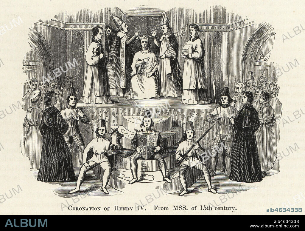 The coronation of King Henry IV (13671413) of England, 1399. The king is crowned by bishops in Westminster Abbey, while pages hold his coat of arms, helm and sword. Woodcut after an illuminated manuscript from Sir John Froissart's Chronicles of England, France, Spain and the Adjoining Countries, from the Latter Part of the Reign of Edward II to the Coronation of Henry IV, George Routledge, London, 1868.
