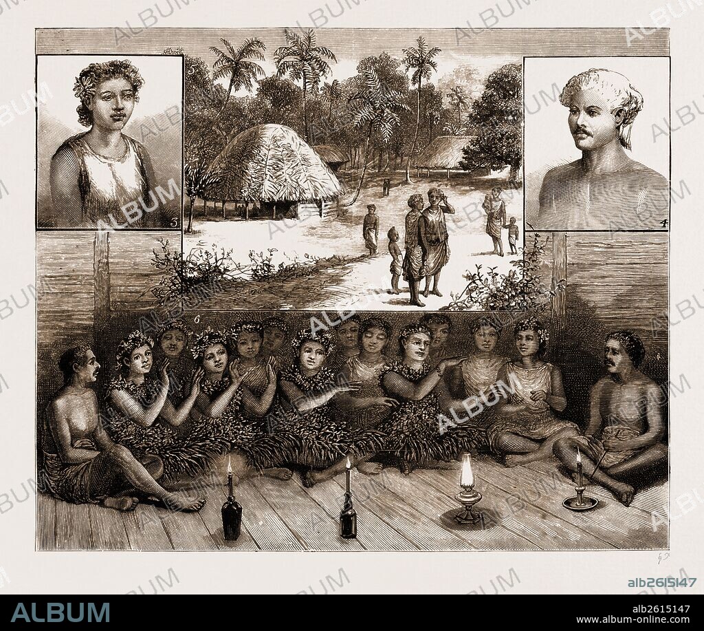 THE SAMOAN ISLANDS, 1881: 1. Leumanu, Chief of Apia. 2. Fantulia, Wife of Leumanu. 3, 4. Types of Natives. 5. A Village Scene. 6. The Siva or Sitting-down Dance.