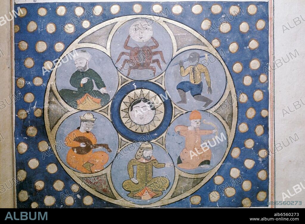 Persische Miniatur, 17. Jahrhundert. /-Schema mit Sonne, Mond und Personifikationen der Planeten.-/ Gouache auf Papier. Aus: Zakariya ibn Muhammad al-Qazvini (um 1200-1283), Aja'ib al-Makhluqat (Die Wunder der Geschöpfe und Besonderheiten der Dinge).