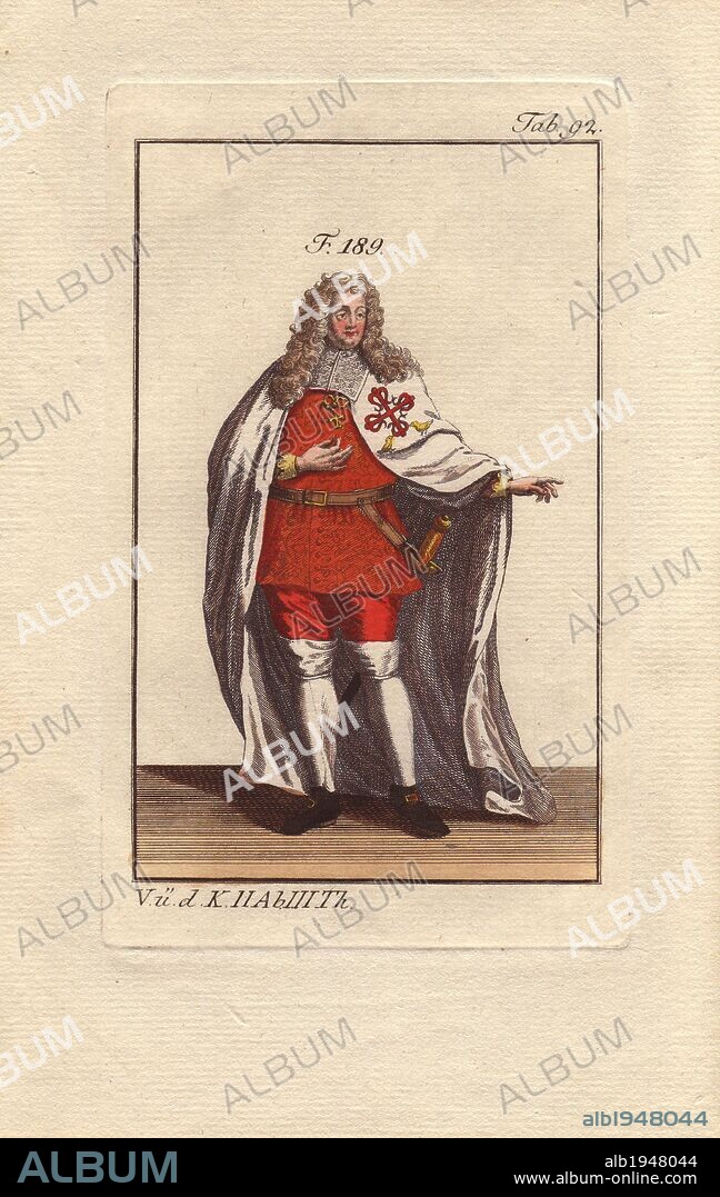 The Order of Aviz is a Portuguese religious order of knights.. . "After the conquest of Aviz the military castle erected there became the motherhouse of the order, and they were then called Knights of St. Benedict of Aviz, since they adopted the Benedictine rule in 1162. They were indebted to the Cistercians for their rule and their habit — a white mantle with a green fleur-de-lysed cross.". . Handcolored copperplate engraving of a knight from a religious military order from Robert von Spalart's "Historical Picture of the Costumes of the Principal People of Antiquity and of the Middle Ages" (1796).