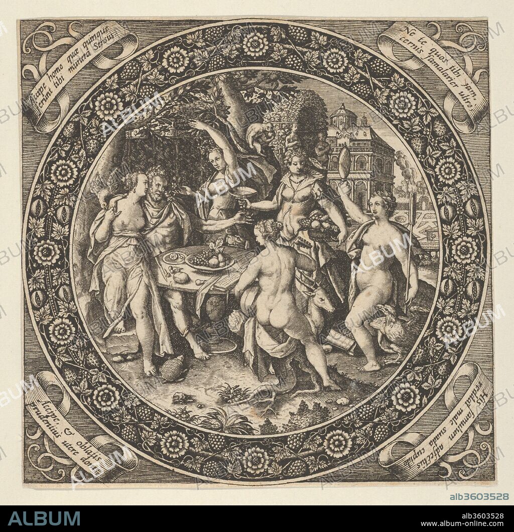 Scene with a Feast of Love in a Circle at Center. Artist: Theodor de Bry (Netherlandish, Liège 1528-1598 Frankfurt). Dimensions: Sheet: 5 7/16 × 5 9/16 in. (13.8 × 14.1 cm). Date: 1580-1600.
In a circle at center, a scene with the Feast of Love in a garden with a large building in the background at right. In the forefront, five female figures and one male figure dance around a table with fruit. The male figure, at left drapes his arm around one of the female figures, while the figure at the right holds a torch. Various animals, including an eagle at lower right, a turtle at lower left, and a monkey at top center, also appear in the celebration. Around the central circle, a band with rosettes and vines growing various fruits. In the corners, inscription in Latin on ribbons.