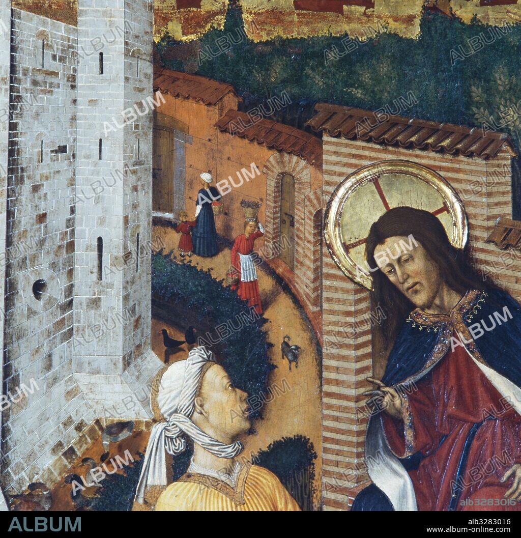 BERNAT MARTORELL. Retablo de la Transfiguración, 1445-1452. Detalle de Jesús y la samaritana. Pintura al temple sobre tabla. Catedral de Barcelona.