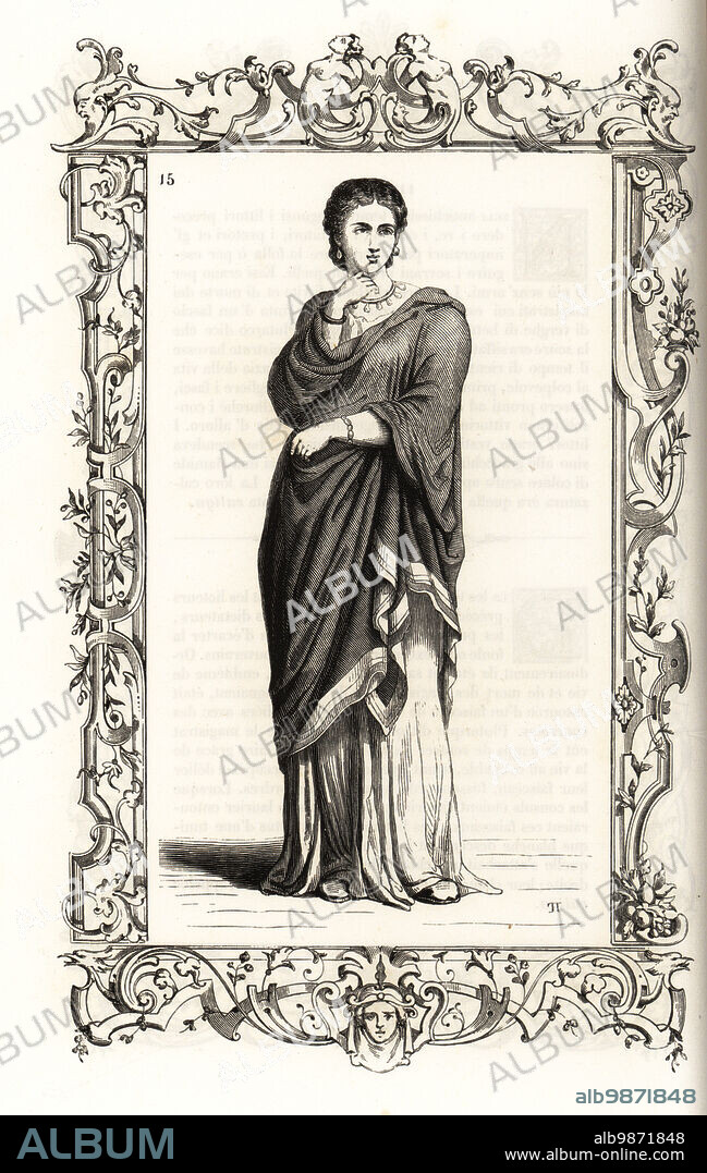 Costume of an ancient Roman noblewoman. She wears a hyacinth or  