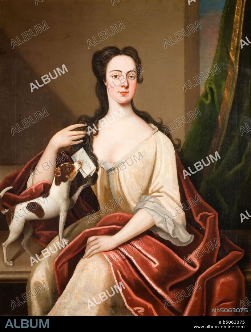 Portrait of Barbara Lister, 1740-1750 Artist unknown, British School, Barbara Lister was the wife of Sir Clobery Holte, 4th Baronet of Aston (Aston Hall), 18th Century, Oil Painting, Portrait, Female, Animal, Dog, Terrier, Letter.