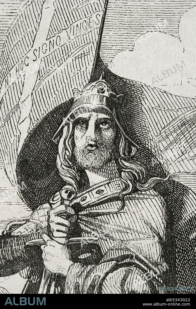 Don Pelayo (m.737). Noble visigodo, caudillo de la rebelión asturiana (718-737) contra el poder musulmán y vencedor en la Batalla de Covadonga. Primer monarca del reino de Asturias. Grabado a partir de una copia de Madrazo. Detalle. Historia General de España por el Padre Mariana. Madrid, 1852.
