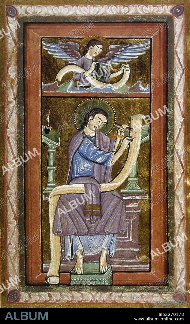 Saint Matthew the Apostle writing the Gospel accompanied by the angel (symbol of the tetramorph). Miniature, 12th century. Conde Museum. Chateau of Chantilly. France.