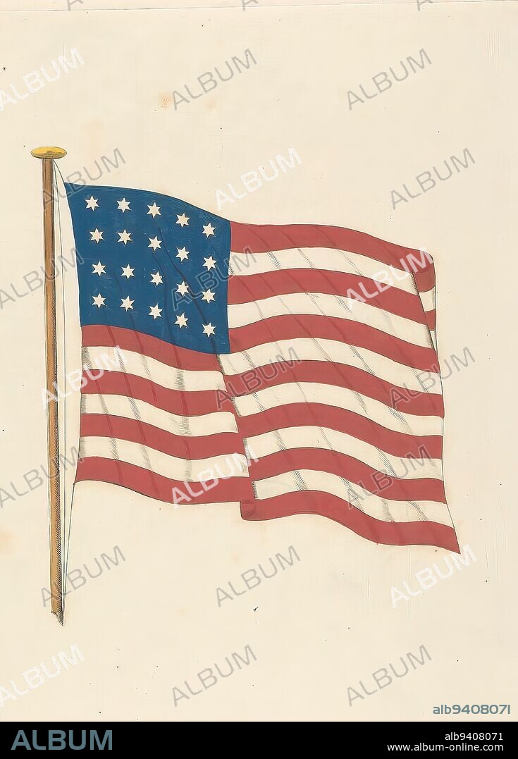 American flag, 1818, American flag with twenty stars and thirteen stripes. Established on April 13, 1818 by the United States Congress as the official flag. This flag was valid only in this year., print maker: anonymous, 1818 - 1820, paper, engraving, height 207 mm × width 186 mm.