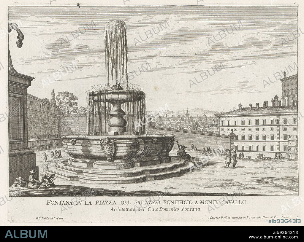 Fountain in Piazza del Quirinale in Rome, Fontana su la piazza del Palazzo Pontificio a Monte Cavallo (title on object), Fontane di Roma (series title), Fountains of Rome (series title), Fountain in Piazza del Quirinale on Quirinal Hill. Part of one of the sculptures of Castor and Pollux is visible on the left. Numbered bottom right: 6. The print is part of an album., print maker: Giovanni Battista Falda (mentioned on object), Giovanni Battista Falda (mentioned on object), print maker: Italy, Italy, publisher: Rome, Vaticaanstad, 1653 - 1691, paper, etching, height 220 mm × width 296 mm.