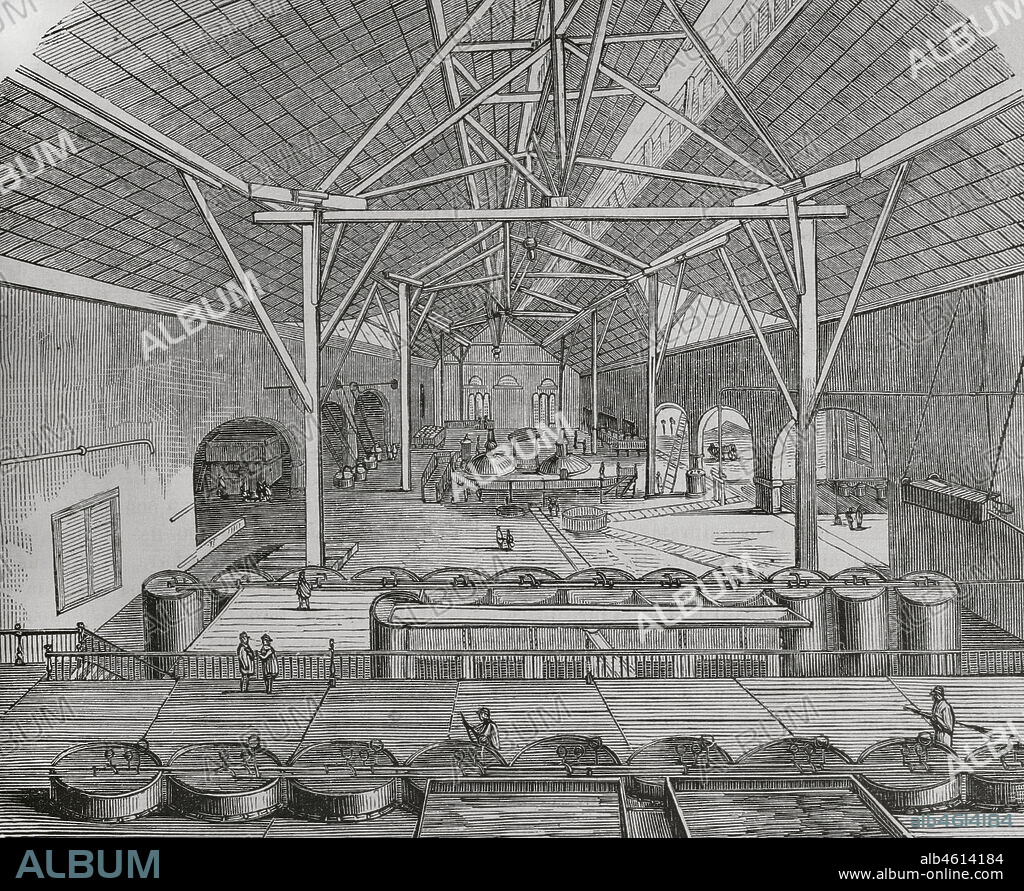 Cuba. Bolondrón, provincia de Matanzas. Ingenio "Armonía" (1848). Industria propiedad de D. Miguel Aldama Alfonso y D. José Luis Alfonso. Vista general de la casa de calderas, donde se realizaba el proceso de hervido y evaporación de los jugos obtenidos de la molienda de la caña de azúcar. Grabado. Crónica General de España, Historia Ilustrada y Descriptiva de sus Provincias. Las Antillas, 1871. Antiguo Ingenio "Armonía" (1848) propiedad de Dn Miguel Aldama Alfonso y Dn. José Luis Alfonso, Bolondrón, Matanzas.