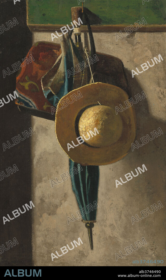 JOHN FREDERICK PETO. Straw Hat, Bag, and Umbrella. Dated: 1890/early 1900s. Dimensions: overall: 40.8 × 25.56 cm (16 1/16 × 10 1/16 in.)  framed: 42.39 × 26.99 × 3.97 cm (16 11/16 × 10 5/8 × 1 9/16 in.). Medium: oil on fabric transferred from canvas board.