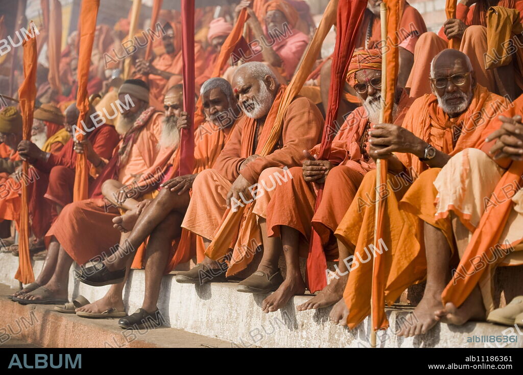 Sadhus gathered for Shivaratri festival in Varanasi, Uttar Pradesh, India, Asia.