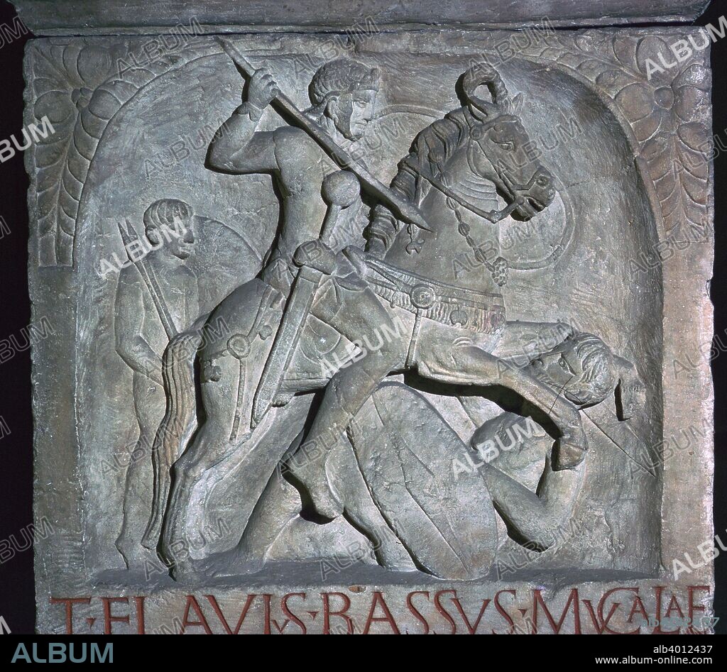 Roman relief of a Roman cavalry officer riding down a barbarian, from the tomb of Flavius Bassus, 5th century.