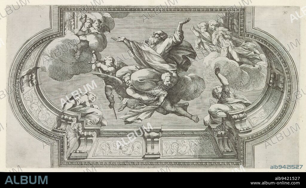 Apotheosis of Peter, Paintings by Giovanni Lanfranco intended for the Loggia del Benedizione in the Vatican (series title), History of Peter and Paul (series title), Disegno della loggia di San Pietro in Vaticano dove si da la Benedizione (series title on object), A painting depicting the apotheosis of Peter. Peter is carried to heaven by putti. Print is part of an album., print maker: Pietro Sante Bartoli, after design by: Giovanni Lanfranco, Giovanni Lanfranco, Italy, 1665, paper, etching, height 208 mm × width 375 mm.