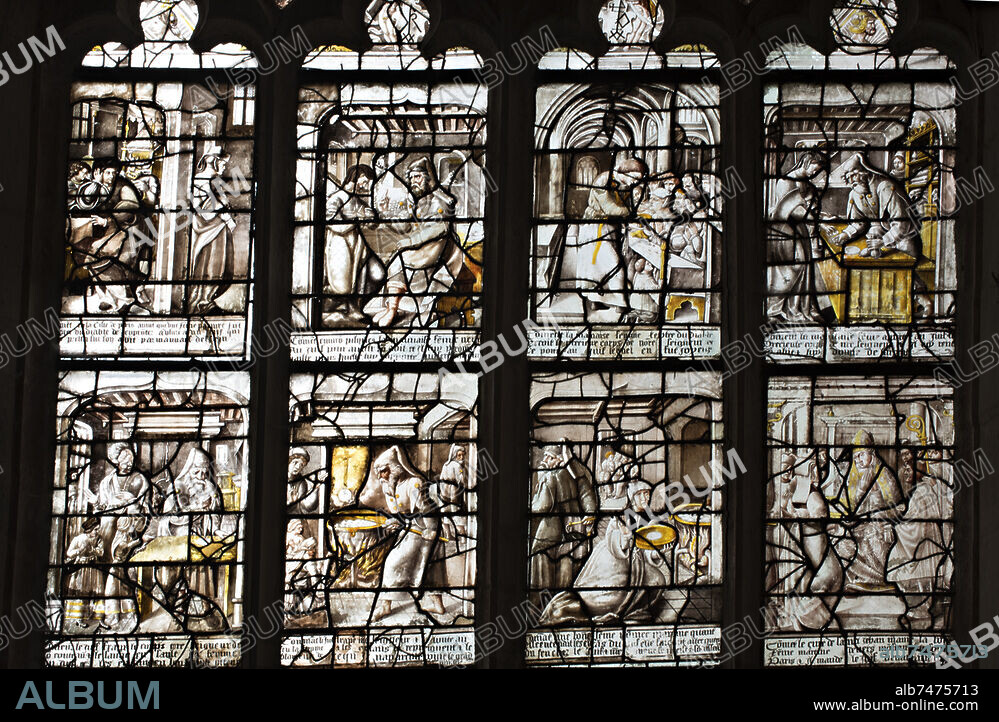 Verrière du miracle des billettes au de l'hostie, Vitrail 16ème, Eglise Saint Etienne, Bar-sur-Seine;Aube, Champagne, France.