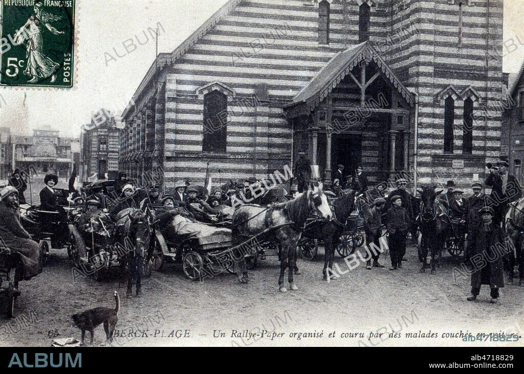 'Rallye-Paper organise et couru par des malades couches en voiture' tiree par des cheveaux a Berck-Plage. Carte postale vers 1910. Credit: Cheuva / KHARBINE-TAPABOR.