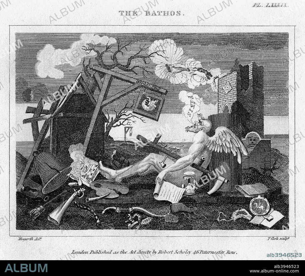 'The Bathos', 18th century. Time expiring, collapsed against a broken column, with the blade of his scythe snapped and his hour glass smashed, blowing out smoke from his broken pipe. Next to him is a sign for 'The World's End' and the ground is littered with various broken objects.
