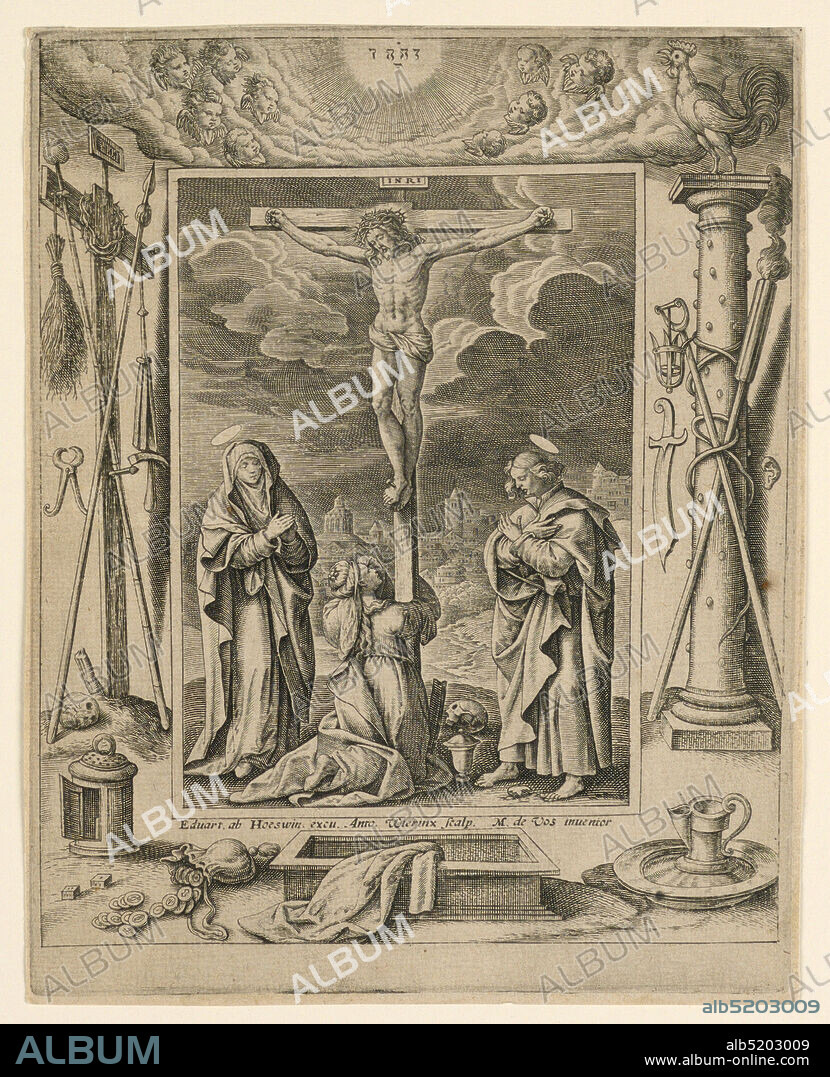 The Crucifixion, Anthonie Wierix, Flemish, 1596 - 1624, Marten de Vos, Flemish, 1532-1603, Engraving on paper, Christ on the cross and the Virgin, St. Mary Magdalen, St. John. Broad frame with a glory and instruments of the Passion. Signed: 'Eduart. ab Hoeswin[ckel]. excu. Anto. Wierinx scalp. M. de Vos inuentor U.', Netherlands, ca. 1590, religion, Print, Print.