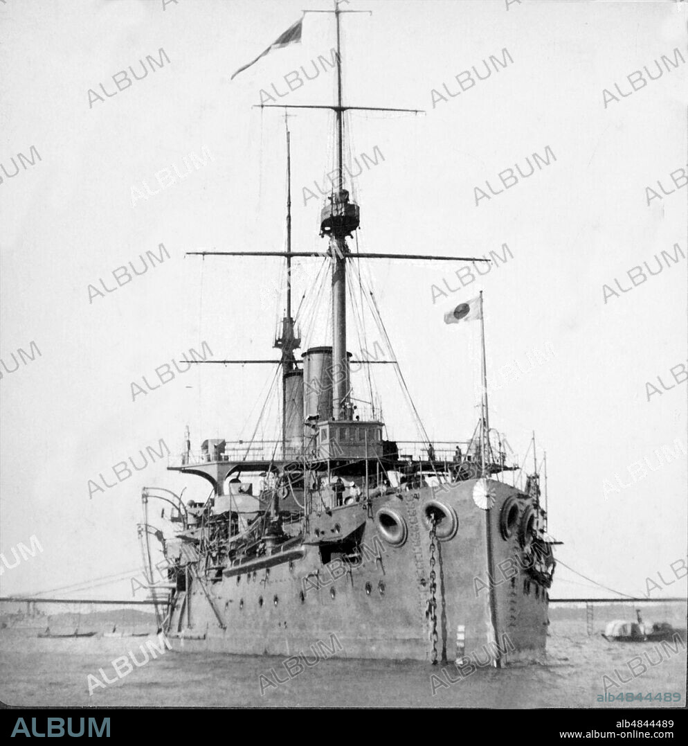 Victorian Stereoview card from circa 1900 for viewing thought a stereoscope. Battleship Asahi One of Togo's in the famous battle of  the sea of Japan. Asahi (?? Asahi) was a pre-dreadnought battleship built for the Imperial Japanese Navy (IJN) in the late 1890s. As Japan lacked the industrial capacity to build such warships itself, the ship was designed and built in the United Kingdom. Shortly after her arrival in Japan, she became flagship of the Standing Fleet, the IJN's primary combat fleet. She participated in every major naval battle of the Russo-Japanese War of 1904â€“05 and was lightly damaged during the Battle of the Yellow Sea and the Battle of Tsushima. Asahi saw no combat during World War I, although the ship participated in the Siberian Intervention in 1918..