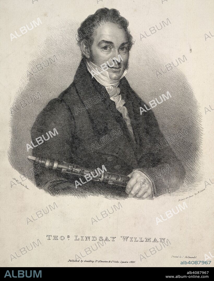 Thomas Lindsay Willman (1784-1840) was one of the best and most popular clarinettists of his day, holding appointments with the Philharmonic and Opera orchestras. In 1818 he was appointed bandmaster of the Band of The Coldstream Guards. A Complete Instruction Book for the Clarinet, developing its power and compass... London : Goulding, D'Almaine & Co, [1825]. Source: h.2187, frontispiece. Language: English.