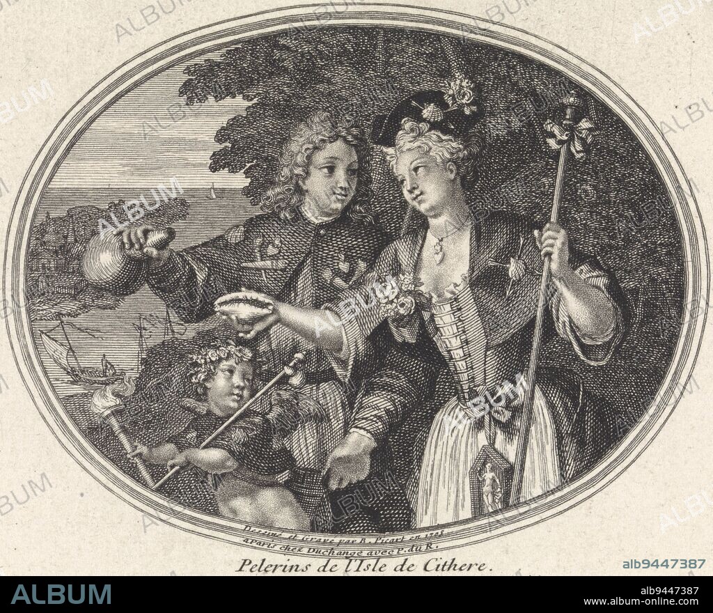 Travelers to the Isle of Cythere, Bernard Picart, 1705, Within an oval, a richly dressed lady and gentleman are depicted in front of grove. The lady (Venus) encloses a staff with her left hand, here intended as an attribute of the pilgrim. She raises the shell in her right hand like a glass. The man is pouring wine from a pitcher. In front of the couple stands the half-naked Bacchus, god of wine, wearing a crown of vine leaves and holding a thyrsus, a staff with a knob in the shape of a pine cone (an ancient fertility symbol). Also, he holds a torch with burning fire. Also in the foreground is a small, carved representation of a herm. Such a herm was used in the 'secret marriage ritual,' associated with purification and fertility. In the background are boats and the island of Cythere, off the coast of Laconia in southern Greece. The print refers to the theme of 'Embarkation to Cythera': boys and girls from all walks of life and dressed as pilgrims are preparing to board a boat that will take them to the Temple of Love on the island., print maker: Bernard Picart, publisher: Gaspard Duchange, intermediary draughtsman: Bernard Picart, 1705, paper, etching, engraving, h 96 mm × w 129 mm.