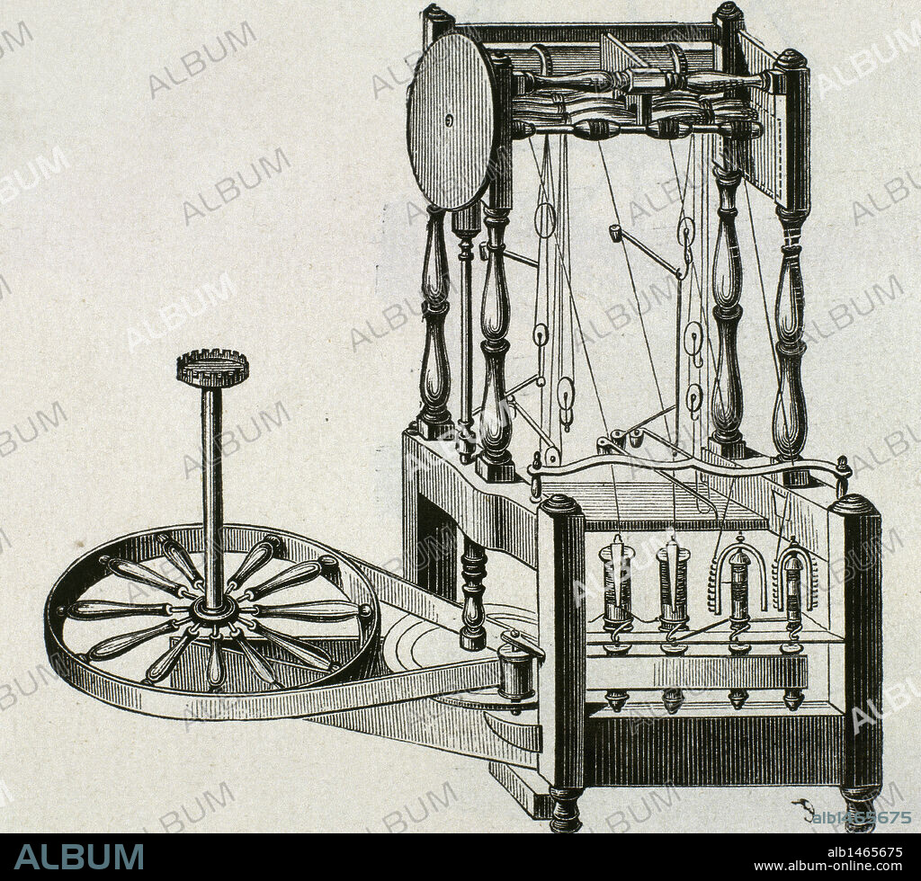HILADORA DE ARKWRIGHT. Diseñada en 1767 por Sir Richard ARKWRIGHT (1732-1792). Se trataba de una máquina semimecánica para hilar algodón, accionada mediante energía hidráulica. S. XVIII. Grabado.