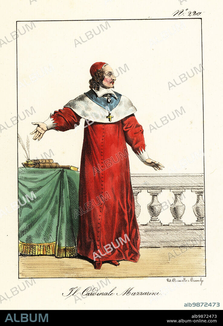 Cardinal Jules Mazarin, 1602-1661, Italian cardinal, diplomat, and politician who served as the chief minister to the kings of France. In crimson cap and robe, with books and quill pen on table. Le Cardinal Mazarin. Handcoloured lithograph by Lorenzo Bianchi and Domenico Cuciniello after Hippolyte Lecomte from Costumi civili e militari della monarchia francese dal 1200 al 1820, Naples, 1825. Italian edition of Lecomtes Civilian and military costumes of the French monarchy from 1200 to 1820.