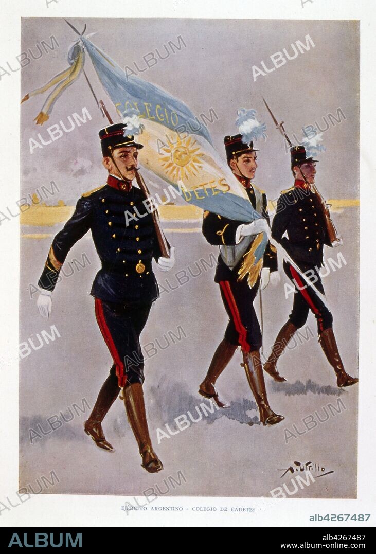 Argentine Army Cadets in practice, 1910. Illustration for 'Argentina y sus grandezas' written by Vicente Blasco Ibanez (1867 – 1928), journalist, politician and best-selling Spanish novelist.