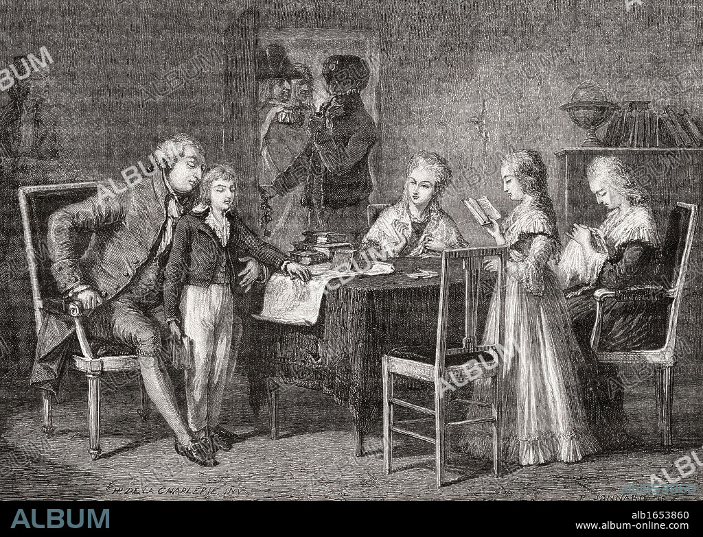 The Royal family during confinement at the Temple prison, 1792. Engraved by Jannard after De La Charlerie.From "Histoire de la Revolution Francaise" by Louis Blanc.