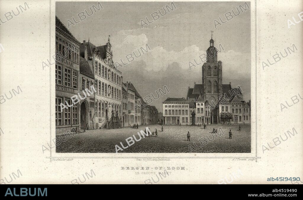 Bergen op Zoom, Grote Markt view in Bergen op Zoom, signed: Chr. Schuler (del.); A.J. Terwen (sculp.), P. 536, p. 839, Schuler, Chr. (del.); Terwen, A. J. (sculp.), 1863, Der Rhein und die Rheinlande in malerischen Original-Ansichten: Abtheilung 3, Section 2 / Holland. Darmstadt: Druck und Verlag von Gustav Lange, 1863.