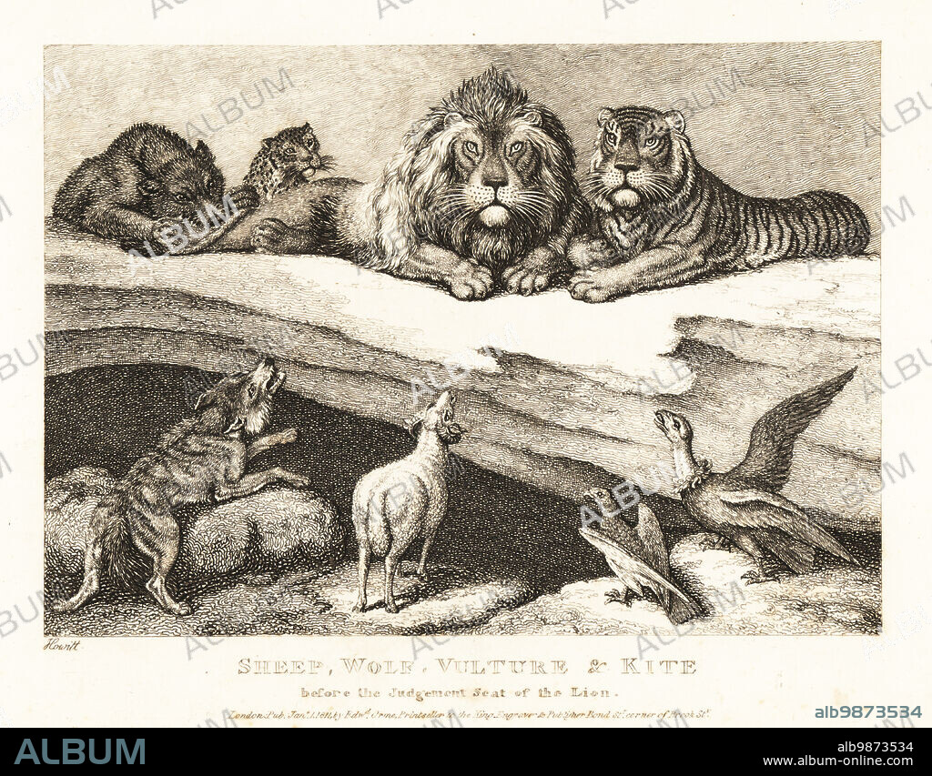 A courtcase between animals, with a lion and tiger as judges. The wolf makes a claim against the sheep, while the kite and vulture give false evidence. Sheep, wolf, vulture and kite before the judgement seat of the lion. Illustration of a fable by Greek author Aesop. Copperplate etching drawn and engraved from life by Samuel Howitt from his own A New Work of Animals, Principally Designed from the Fables of Aesop, Gay and Phaedrus, Edward Orme, London, 1811.