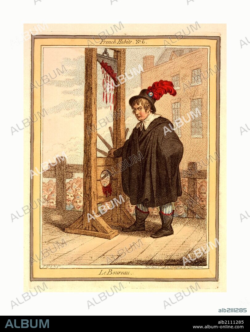 Le Boureau, Gillray, James, 1756-1815, engraving 1798, George Tierney dressed as an executioner standing next to a guillotine with a crowd of liberty-capped citizens in the background.