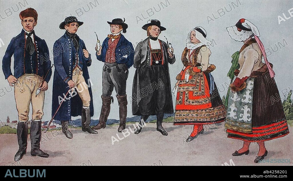 People in traditional costumes, fashion, costumes, clothes in Bohemia, Czech Republic, around the 19th century, illustration, Czech Republic, Europe.