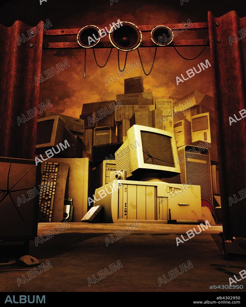 Obsolete computer equipment in pile.